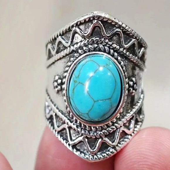 Jewelry - 💲💸$10 Bohemian Vintage Western Wide Band Ring Inlaid Turquoise Band Carving
